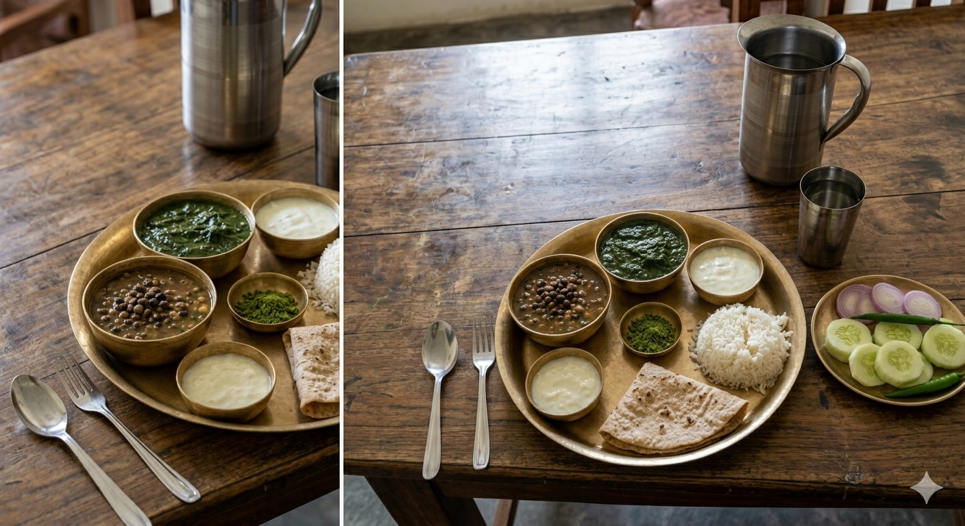 Traditional Kumaoni thali — dal, sabzi, saag, roti served in brass utensils
