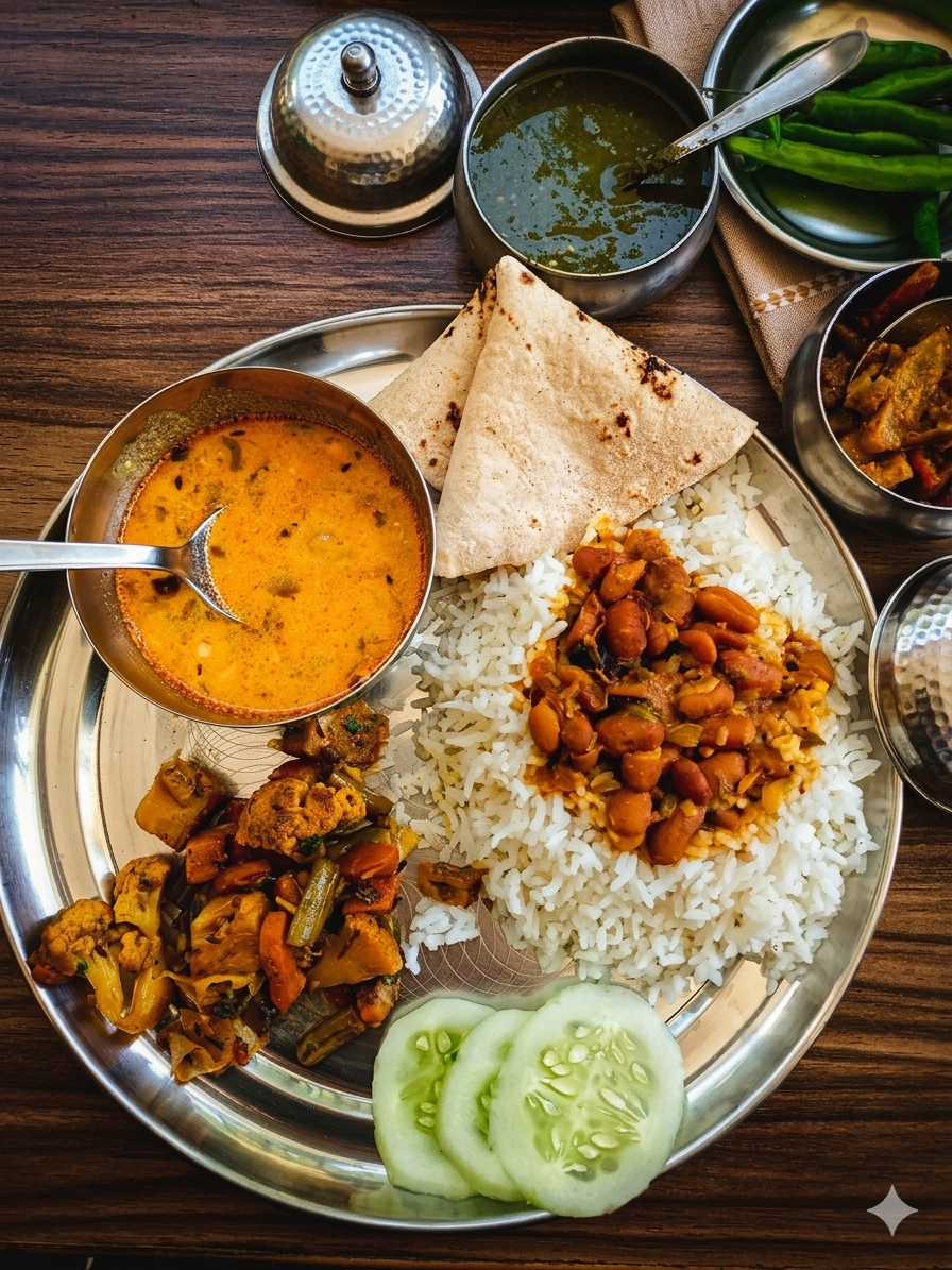 Freshly served Kumaoni thali — dal, sabzi, roti, chawal